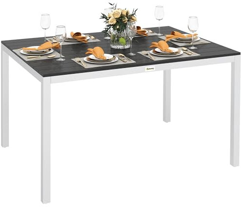 Outsunny Mesa de Comedor de Jardín Rectangular Mesa de Terraza Exterior 120x90x72 cm con Estructura de Aluminio Imitación Madera y Encimera de Listones Carga 50 kg para Patio Balcón Negro