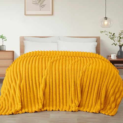 Exclusivo Mezcla Kuscheldecke Flauschig Flanell Decke 220 x 240 cm | Atmungsaktiv, Leicht, Weich, Sofadecke Tagesdecke Bettüberwurf Wohnedecke für Ganzjahreszeit, Senfgelb