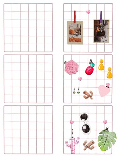 PATIKIL 12x12 in Wall Grid Panel, 6 Pack Wire Grid Panel Shelf Board Metal Gridwall Photo Pictures Display Hanging Organizer Mesh Frame Memo Board for Display DIY Craft Shows Home, Pink