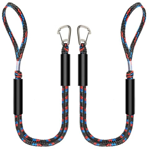 Vurlexat 2 Pack Bungee Dock Line with Hook, Mooring Ropes with 10mm Elastic Inner Core, Boat Dock and Anchor Lines with Side Foam Floats and Braided PE Ropes(4 ft, Black)