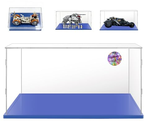 50x30x25 Vitrine Modellauto 1/10 für Lego Batman Tumbler 76240,10354,42182 | für BTS Dynamite 21339,At-Te Walker 75337,42127,42620,60350,75356,80109,Staubschutz, Acryl,Einfach zu installieren,Blau Basis