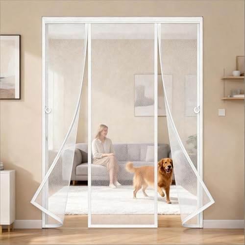 Moustiquaire de Double Porte Magnétique Sans Perçage Rideau Double Porte Anti Mouches et Insectes Deux côtés ouverts Fermeture Automatique Pour Fenêtres Patio Couloirs-White||175x170cm(69x67in)