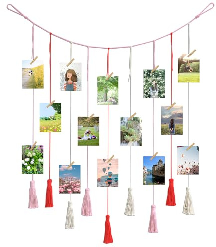Corde pour photos avec pinces en bois, suspension créative, cadre photo, décoration murale, 100 cm, perles en bois avec pinces en bois, rideau photo à suspendre avec 20 clips