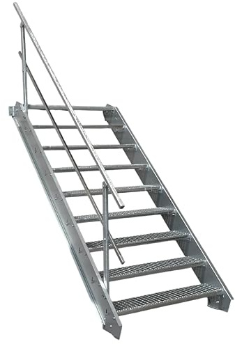 9 Stufen Stahltreppe mit einseitigem Geländer/Breite 110cm Geschosshöhe 135-180cm / Robuste Außentreppe/Wangentreppe/Stabile Industrietreppe für den Außenbereich/Inklusive Zubehör