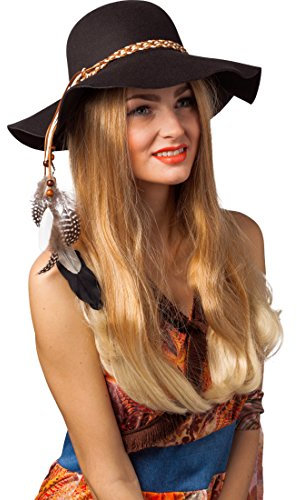 Amakando Schlapphut 70er - mit Federn - Vintage Kopfbedeckung Siebziger Sommerhut Festival Damenhut Flower Power Stoffhut Hippie Hut