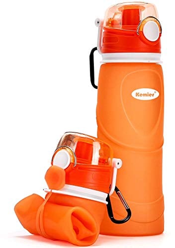 Kemier Collapsible Water Bottle, BPA Free Foldable Water Bottle for Travel, Gym, Hiking, Silicone Portable Leakproof Sports Outdoor Water Bottle with Carabiner,750ML/26OZ(Orange)