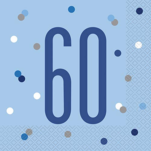 Papierservietten - Zahl 60 - 16,5 cm - Glitzer Blau & Silber Geburtstag - 16er-Packung