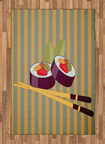 ABAKUHAUS Sushi Teppich, Zwei Brötchen mit Stäbchen, Deko-Teppich Digitaldruck, Färben mit langfristigen Halt, 120 x 180 cm, Mehrfarbig