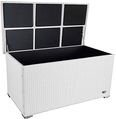 RS Trade® exclusive 'Venezia' 950 L Polyrattan Garten Kissenbox wetterfest und wasserdicht 146 x 83 x 80 cm, Auflagenbox mit verstärktem Deckel und Gasdruckfedern, auch als Tischplatte geeignet; Weiss