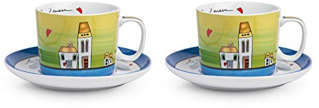 Egan Set Tazze Colazione con piattini Collezione Le Casette. Oggetto Realizzato in Porcellana di Colore Blu e Bianco e Multicolore. Dimensione: 10 cm. La referenza è PLC12/1B