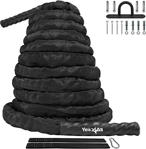 Yes4All Unisex-Erwachsene C5TJ Strap-30ft Battle Rope/Fitnessseil 2 Breite, Mit Schutzhülle-Anker, 50mm-9m