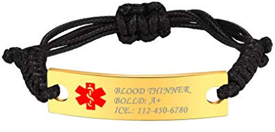Bandmax Medizinische Alert Armband für Männer Frauen personalisiert schwarz geflochtene Nylon Armband 18k vergoldet Identifizierung Gravur ID-Platte SOS Notfall Surferarmband Schmuck