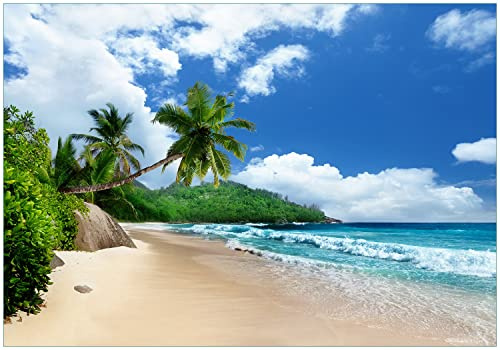 Wallario Vliestapete Fototapete Urlaub auf den Seychellen unter Palmen am Sandstrand - Wandtapete Größe: 400 x 280 cm