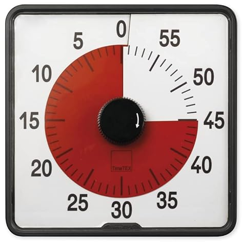 TimeTEX Zeitdauer-Uhr - Timer Countdown mit roter Scheibe - lautlos - mit Ablaufsignal - mit Batterien - 20 cm x 20 cm - 62600