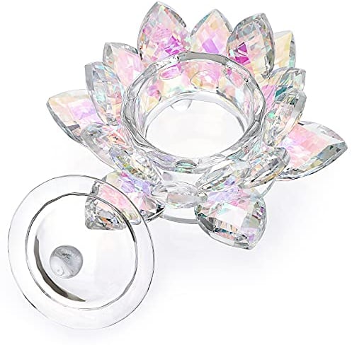 BTSKY Plato de flor de loto de cristal colorido con tapa