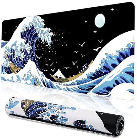 Grand tapis de souris pour ordinateur portable de jeu, motif vague de mer, tapis de bureau imperméable et antidérapant, 88 x 40 cm, 3 mm d'épaisseur, tapis de table en caoutchouc Kanagawa Surf et noir