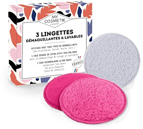 Lot de 3 lingettes démaquillantes et lavables - Origine France Garantie - Face éponge 100% coton et face micropolaire 100% polyester - MY COSMETIK - Lot de 3