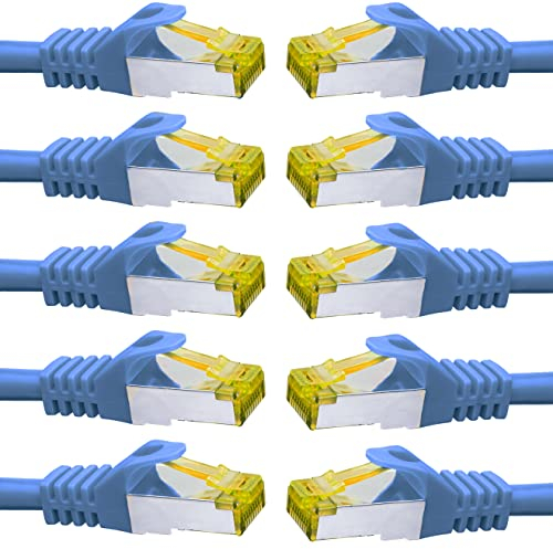 BIGtec LAN Kabel 10 Stück 0,5m Netzwerkkabel CAT7 Ethernet Internet Patchkabel CAT.7 blau Gigabit doppelt geschirmt Netzwerke Router Switch 2 x Stecker RJ45 kompatibel zu CAT.5 CAT.6 CAT.6a CAT.8