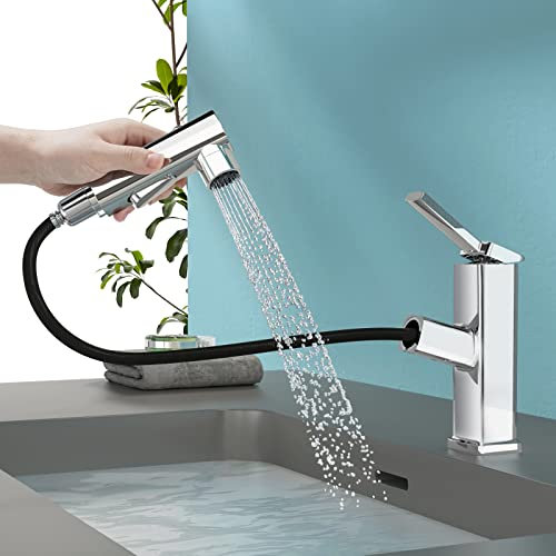 HEROBAI Einloch-Badezimmerarmatur, Einhandarmatur, moderner ausziehbarer Badezimmer-Waschbeckenarmatur mit 3 Wasserflussmodi, Brunnen-Badezimmerarmaturen mit Sprüher (Chrom, normal)