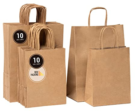 BOXPACKING | Papiertüten mit Henkel | 25 Mitgebsel Tüten | 10 Geschenktüte Groß (32x24x11 cm) und 10 papiertüten Klein (24x18X8 cm) | Kraftpapier Tüten | Papiertüten Braun | Gift Bag