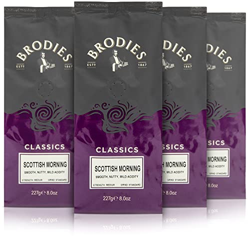 Brodies Classics Artisan Ground Coffee - Scottish Morning 100 Percent Arabica (4 Pack of 227 g) smooth, nutty, mild acidity, medium Strength, standard Grind, Hand roasted
