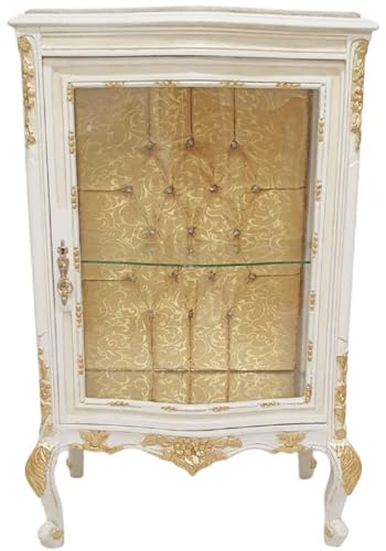 Casa Padrino Barock Vitrine Weiß/Creme/Gold - Handgefertigter Massivholz Vitrinenschrank mit Glitzersteinen und Marmorplatte - Wohnzimmer Möbel im Barockstil - Barock Möbel