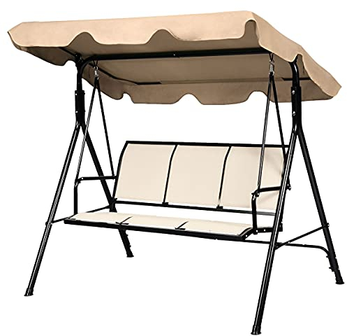 KOMFOTTEU 3-Sitzer Hollywoodschaukel, Gartenschaukel mit Sonnendach & Rückenlehne, Schaukelbank, Schaukelstuhl für Garten Balkon Terrasse (Braun)