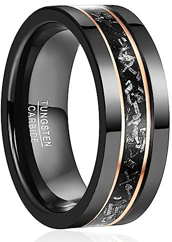 NUNCAD Bague Homme en Tungstène avec Flocon de Météorite 8mm Anneau Vintage Alliance Noir et Or Rose Taille 57(18.1)