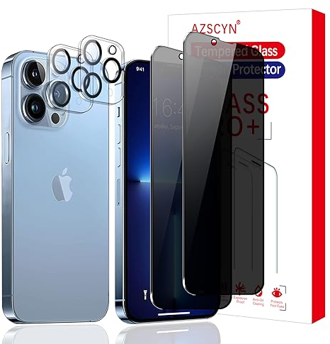 AZSCYN Verre Trempé Anti-espion pour iPhone 13 Pro Privée Protection Verre de Confidentialité avec Caméra Arrière Protecteur [2+2 Pièces] Sans Bulles, facile à installer
