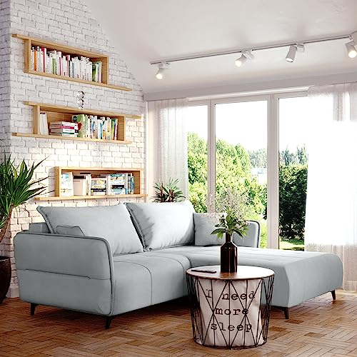 Sofa Isabell mit Bettkasten Schlafsofa Polstersofa mit Schlaffunktion Klappsofa Couch mit Schwarzen Füßen Sofagarnitur Wohnzimmer Gastzimmer (Sofa L-Form, Hell grau)