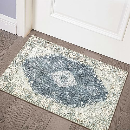 MUJOO Teppich, klein, Boho, maschinenwaschbar, rutschfest, für Eingangsbereich, Küche, Badezimmer, Schlafzimmer, Vintage, weich, niedriger Flor, 60 x 70 cm, Blau / Grau