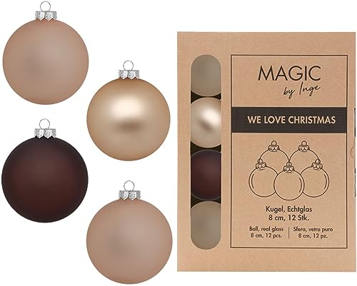 Calm Grove - Palline di Natale in vetro, 8 cm x 12 pezzi, in scatola di cartone, colore beige, marrone opaco