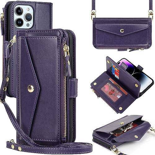 Zouzt for iPhone 14 Pro Wallet Case for Women, Purse with Credit Card Holder Slots Crossbody Lanyard Strap Zipper Flip Book Shockproof Protective Phone Cover for Apple 14 Pro 6.1 Inch (Purple)
