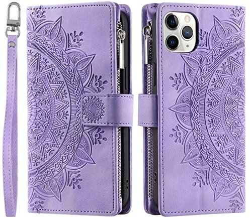 VEEMOS Custodia a libro per iPhone 11 Pro, con motivo floreale, con scomparti per carte di credito, colore: lilla