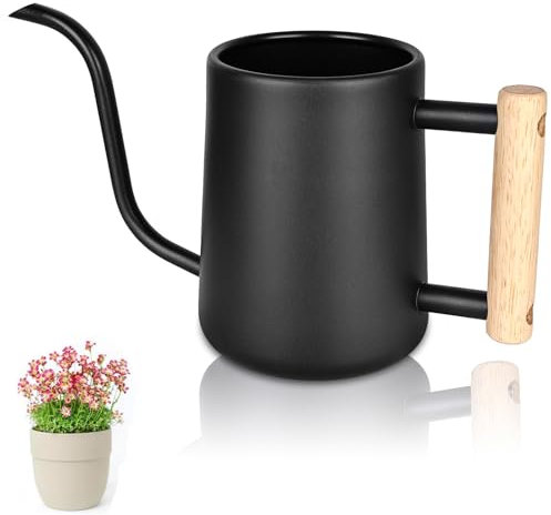 1 L Regadera, Regadera para Plantas, Regadera Pequeña, Regadera de Interior, Regadera de Acero Inoxidable con Mango de Madera, para Jardín, Hogar, Oficina, Flores (Negro)