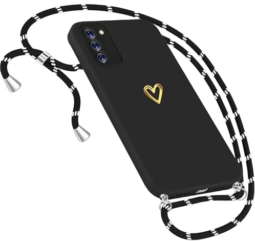 Handykette für Samsung Galaxy S20 - Herz Motiv Muster Handyhülle Mit Band Kordel zum Umhängeband - Ultradünn Hülle Mit Necklace - Schwarz
