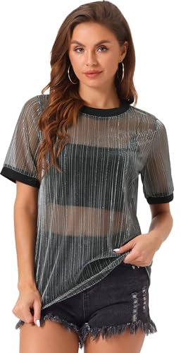 Allegra K Women's Mesh T-Shirt Cover Up Party Short Sleeve See Through Sheer Tops, Black Silver, L