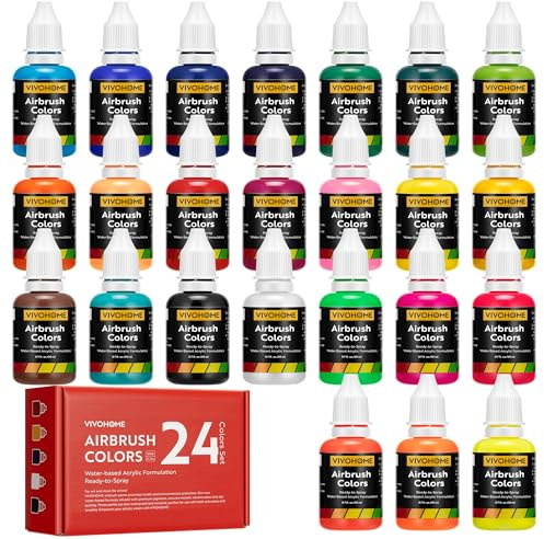 VIVOHOME Pintura para Aerógrafo, 24 Colores Incluye 6 Colores Neón, Pinturas Acrílicas, a Base de Agua, Pintura Aerógrafo para Textil, Madera, Piedra, Plástico, 20 ml/Botella