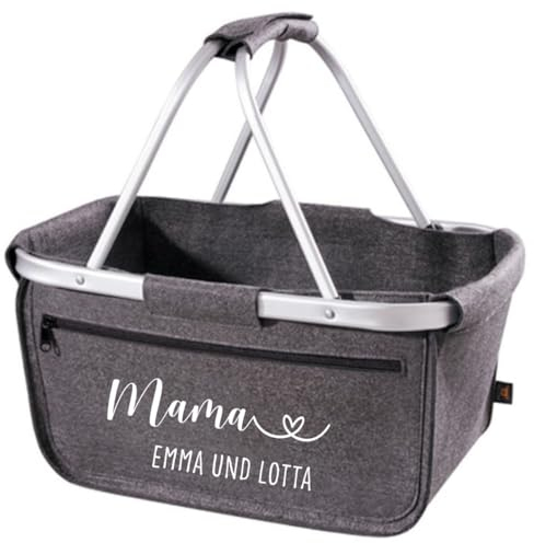 AWASG Einkaufskorb Mama mit Herz - Personalisiert mit Name - Einkaufstasche Mom klappbar Tragekorb mit Aufdruck - 45 x 25 x 25 cm (grau Filz)