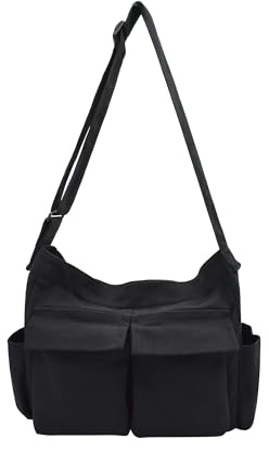 TeeYee Umhängetasche Damen Canvas Hobo Messenger Bag mit Reißverschluss | Tasche mit Vordertaschen,Schultertasche,Shopper,Tote,Hobo für Arbeit,Schule