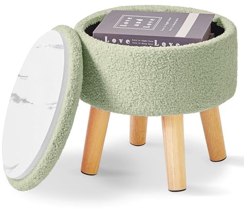 IBUYKE 13” Kleiner Fußhocker Ottomane mit Stauraum, Runde Pouffe Fußablage Hocker mit Gepolstertem Sitz und Deckel, Teddy Samt Mini Ottomane Fußstütze für Wohnzimmer Couch Eingang, Grün WBD006GR