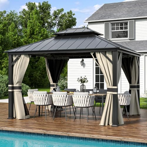 Amopatio 3 x 3.65 m Gartenpavillon Wasserdicht Stabil Winterfest Hardtop Pavillon, Verzinkter Stahl Doppeldach Aluminium Pavillon mit Moskitonetz und Vorhänge für Garten, Terrasse, Rasen, Beige