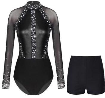 Nyeemya Damen Turnanzug Langarm Gymnastikanzug Strass Glitzer Ballettanzug Stehkragen Ballett Trikot Tanzbody + Tanz Shorts Turn Outfit