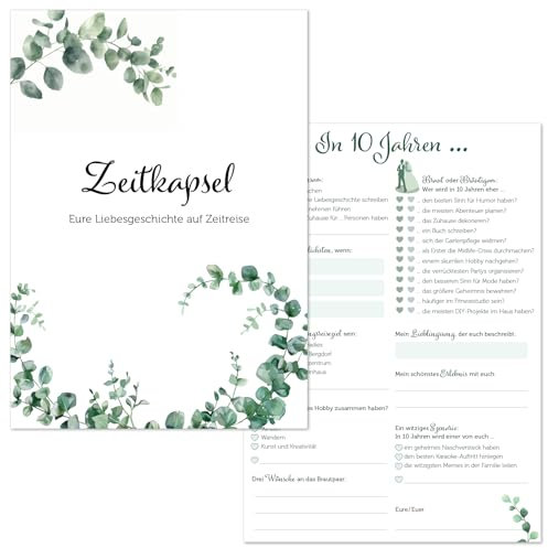 ZADAWERK® Zeitkapselkarten Eukalyptus - 50 Stück A6 - Brautpaar Erinnerungskarten - Gästespiel - Hochzeitstag-Andenken - Gästebuch - 10 Jahre danach - Rosenhochzeit