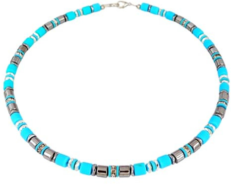 Halskette, Kette, Collier Armband Ohrringe Schmuck Set, Walzen Fimowalzen, Polymer Ton Perlen, Türkis, Edelstahl, Hämatit Strass Rondelle (Halskette)
