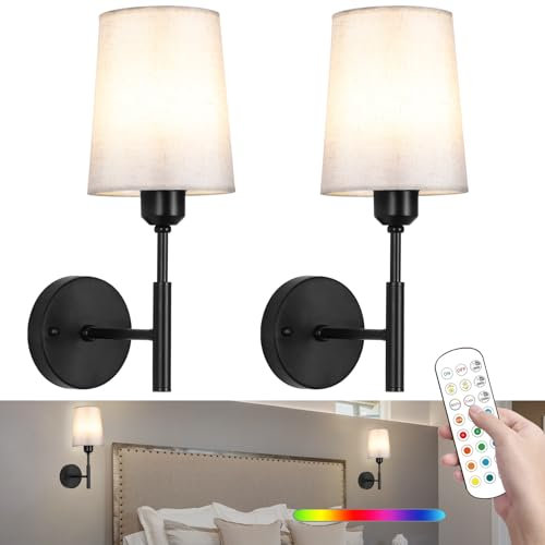 MeoYlaery Battery Operated Wall Lights Set of Two,Rechargeable Wall Sconces with Remote Control,Wireless Wall Lamp Dimmable,15 Color Change,Battery Powered Wall Sconce for Bedroom Living Room.Black