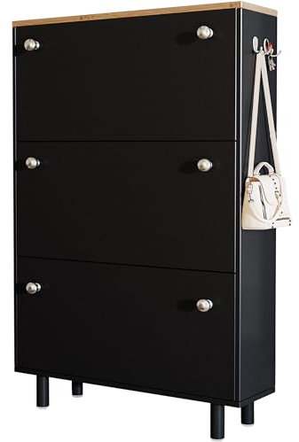 Blisswood Shoe Cabinet With Legs, 3 Drawer Wooden Shoes Storage Organiser Cupboard Unit, Freestanding Modern Shoe Rack Cabinet Entryway Footwear Stand For Shoes (Black)