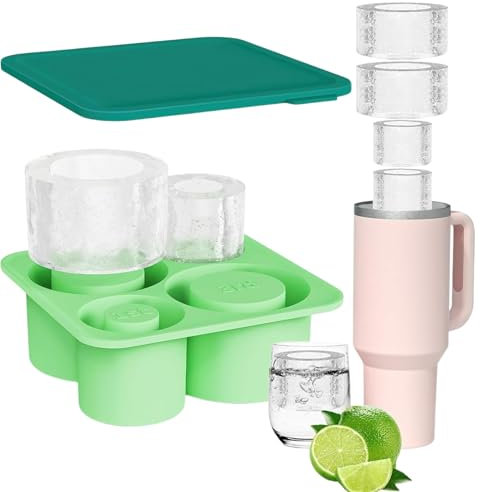 Ice Mold for Stanley Cup, Silicone Ice Moulds, Ice Cube Tray with Lid for Stanley Cup 20-40oz, Large Ice Trays for Freezer, 4 Compartments Ice Cube Moulds for Cocktails/Whisky/Drinks/Coffee(Green)