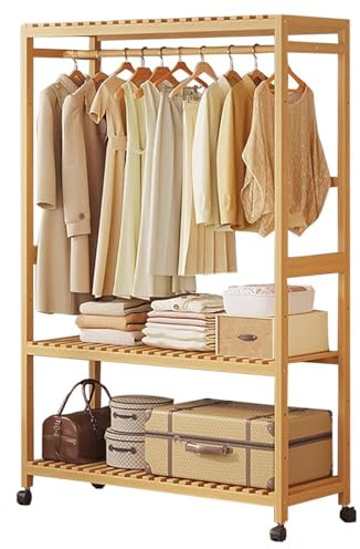 Porte-manteau sur pied en bambou avec compartiment de rangement et roulettes, design peu encombrant, hauteur 160 cm, pour couloir, salon, 43/63/83/98 cm