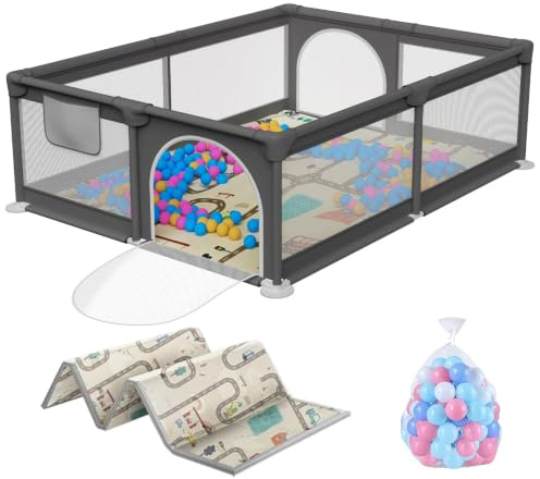 Baby Laufgitter mit Matte, atmungsaktivem Netz (150 * 180cm) | Inklusive dicker wasserdichter & rutschfester Spielmatte mit Tiermotiven, 4 rutschfeste Saugnäpfe und bietet 360° Rundumsicht